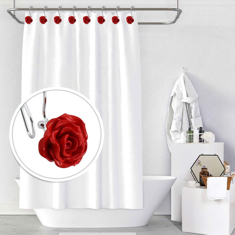 BEAVO Rose Shower Curtain Hooks,12 Pcs Double Glide Shower Curtain Rings Stainless Steel Rustproof Decorative Shower Hook Ring with Resin Rose Flower for Bathroom Shower Rods (Red) - Image 2